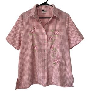 Bon Worth Vintage Pink Gingham Floral Embroidered Button Up Top